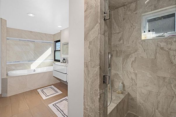 Bathroom, Glass Shower, Interior, Marble Walls, Recessed Lighting
