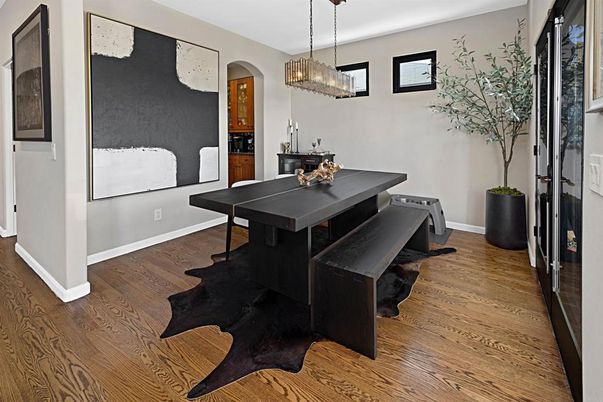 Chandelier, Dining room, Interior, Pendant Lights, Wood Texture Flooring
