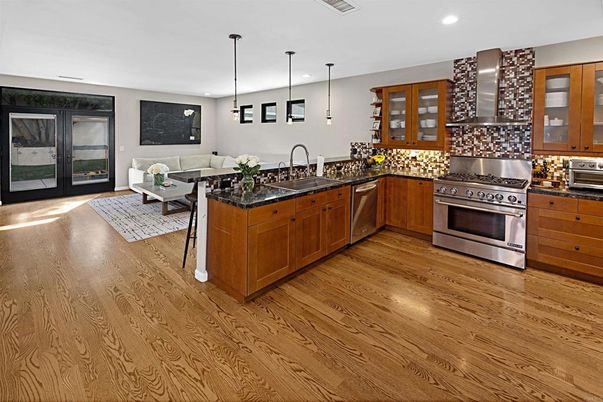 Interior, Kitchen, Living room, Pendant Lights, Recessed Lighting, Stainless Steel Appliances, Wood Texture Flooring