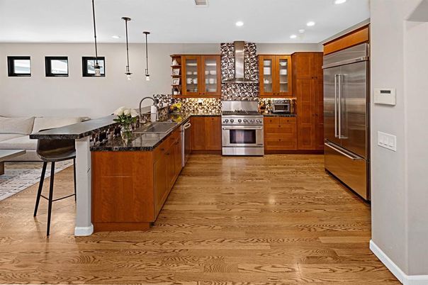 Interior, Kitchen, Pendant Lights, Recessed Lighting, Stainless Steel Appliances, Wood Texture Flooring