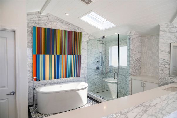 Bathroom, Free Standing Baths, Glass Shower, Interior, Marble Walls, Recessed Lighting