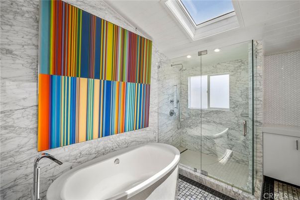 Bathroom, Free Standing Baths, Glass Shower, Interior, Marble Walls, Recessed Lighting
