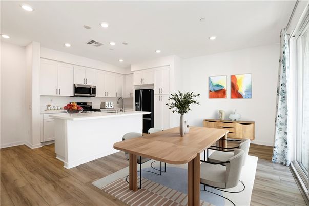 Dining room, Interior, Kitchen, Recessed Lighting, Stainless Steel Appliances, Wood Texture Flooring