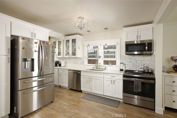 Interior, Kitchen, Pendant Lights, Stainless Steel Appliances, Wood Texture Flooring