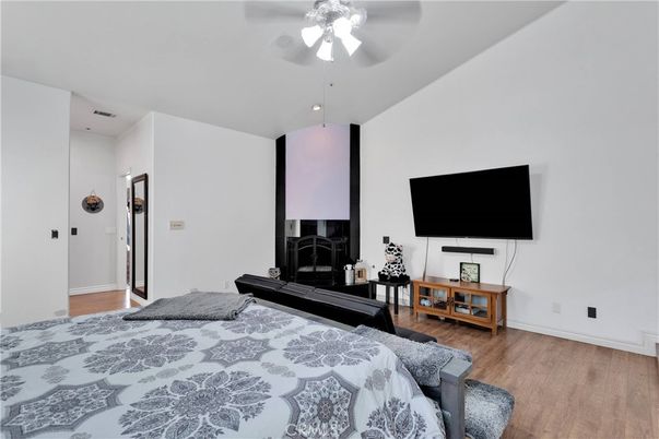 Bedroom, Fireplace, Interior, Wood Texture Flooring