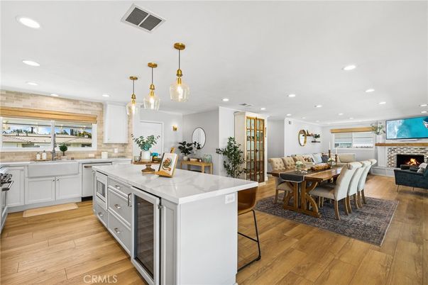 Dining room, Fireplace, Interior, Kitchen, Living room, Pendant Lights, Recessed Lighting, Wood Texture Flooring