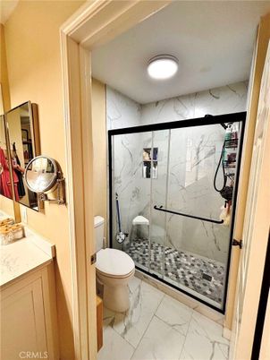 Bathroom, Glass Shower, Interior, Marble, Marble Walls, Recessed Lighting