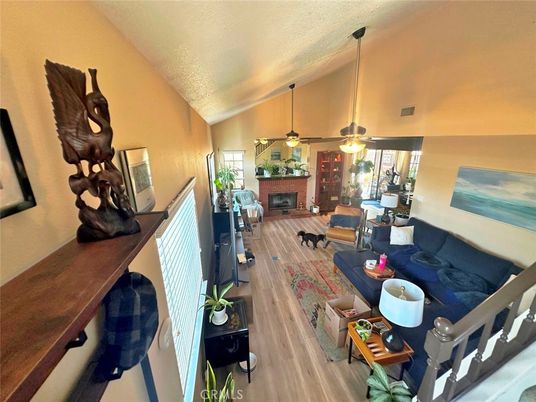 Fireplace, Interior, Living room, Pendant Lights, Wood Texture Flooring