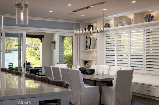 Dining room, Interior, Pendant Lights, Recessed Lighting, Wood Texture Flooring