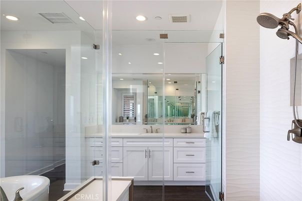 Bathroom, Glass Shower, Interior, Recessed Lighting, Wood Texture Flooring