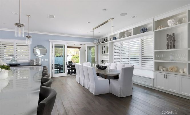 Dining room, Fireplace, Interior, Pendant Lights, Recessed Lighting, Wood Texture Flooring