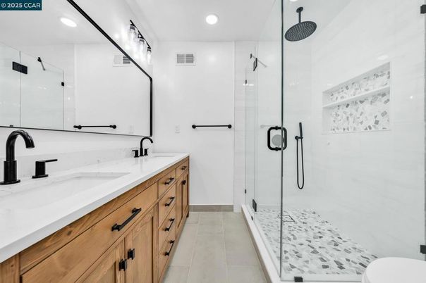 Bathroom, Dual Sink Vanities, Glass Shower, Interior, Recessed Lighting