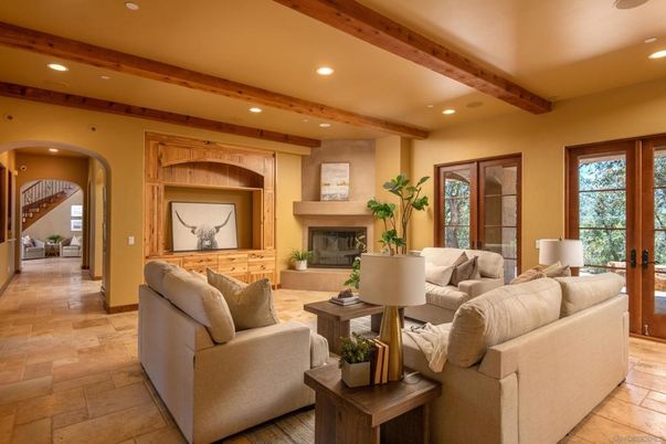 Fireplace, Interior, Living room, Recessed Lighting, Wooden Beams