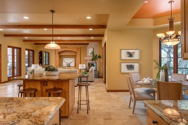 Chandelier, Dining room, Interior, Kitchen, Pendant Lights, Recessed Lighting, Wooden Beams