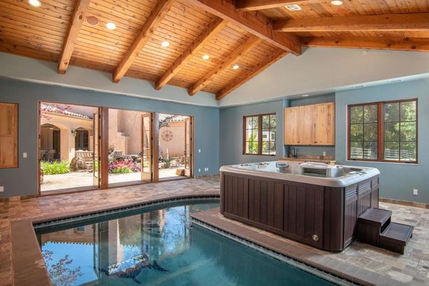 Hot Tub, Interior, Pool, Recessed Lighting, Wooden Beams, Wooden Ceilings