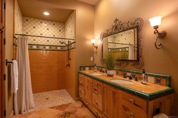 Bathroom, Dual Sink Vanities, Interior, Recessed Lighting, Tile Countertops