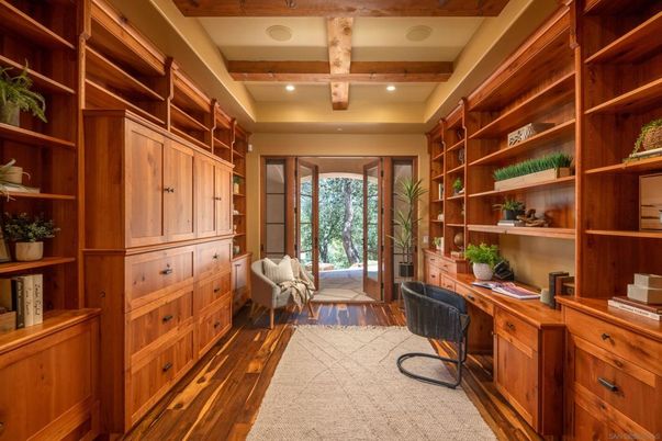 Home Office, Interior, Recessed Lighting, Wooden Beams, Wood Texture Flooring