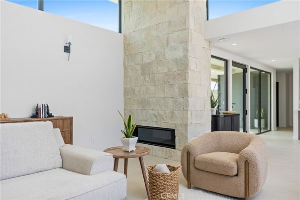 Fireplace, Interior, Living room, Recessed Lighting, Stone Walls