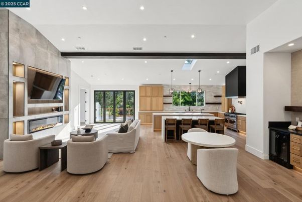 Fireplace, Interior, Kitchen, Living room, Pendant Lights, Recessed Lighting, Wood Texture Flooring