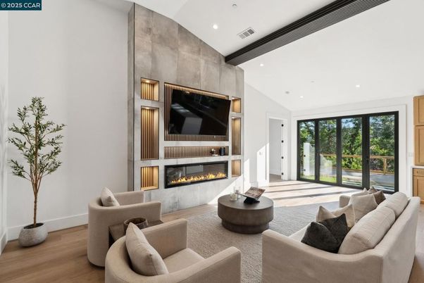 Fireplace, Interior, Living room, Recessed Lighting, Wood Texture Flooring