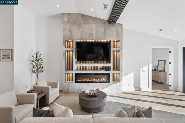 Fireplace, Interior, Living room, Recessed Lighting, Wood Texture Flooring
