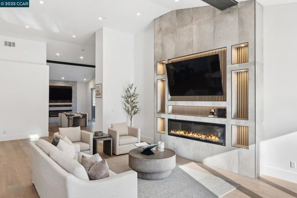Fireplace, Interior, Living room, Recessed Lighting, Wood Texture Flooring