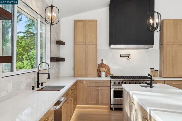 Interior, Kitchen, Pendant Lights, Stainless Steel Appliances, Wood Texture Flooring