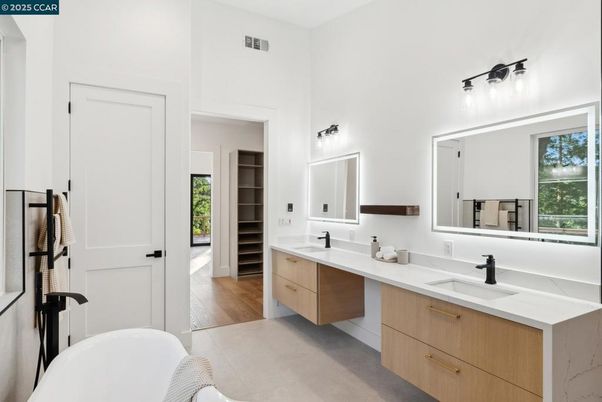 Bathroom, Dual Sink Vanities, Free Standing Baths, Interior, Wood Texture Flooring