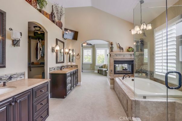 Bathroom, Dual Sink Vanities, Fireplace, Interior, Pendant Lights
