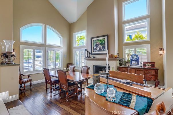 Dining room, Fireplace, Interior, Wood Texture Flooring