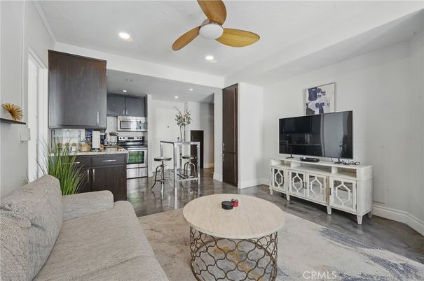 Interior, Kitchen, Living room, Recessed Lighting, Stainless Steel Appliances, Wood Texture Flooring