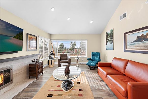 Fireplace, Interior, Living room, Recessed Lighting, Wood Texture Flooring