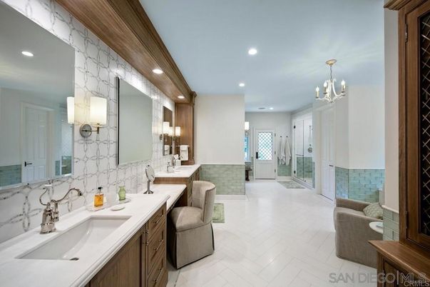 Bathroom, Chandelier, Dual Sink Vanities, Interior, Recessed Lighting