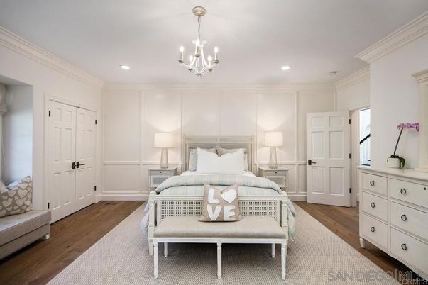 Bedroom, Chandelier, Interior, Recessed Lighting, Wood Texture Flooring