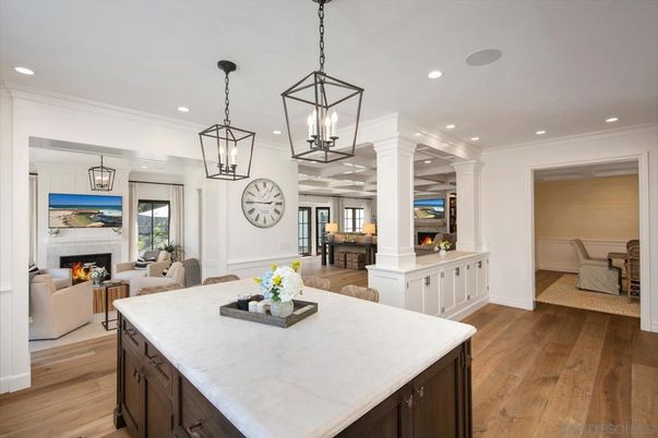 Dining room, Fireplace, Interior, Kitchen, Living room, Pendant Lights, Recessed Lighting, Wood Texture Flooring