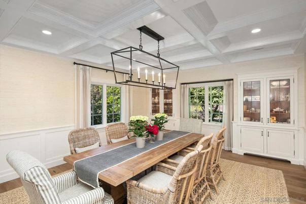 Dining room, Interior, Pendant Lights, Recessed Lighting, Wood Texture Flooring