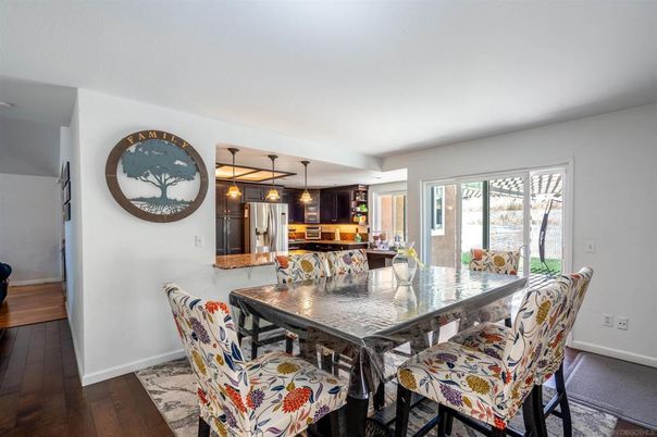 Dining room, Interior, Kitchen, Pendant Lights, Stainless Steel Appliances, Wood Texture Flooring