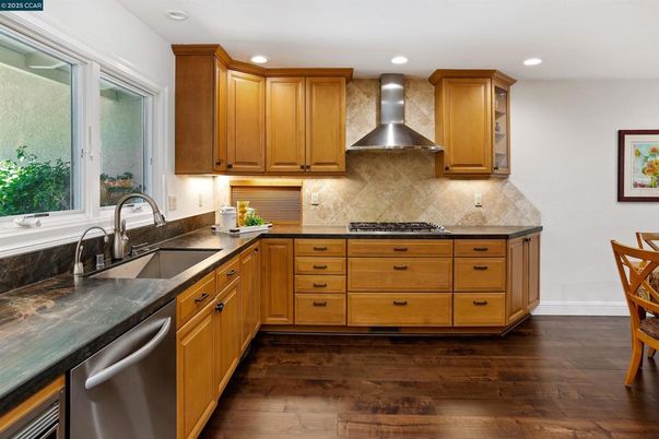 Interior, Kitchen, Recessed Lighting, Stainless Steel Appliances, Wood Texture Flooring