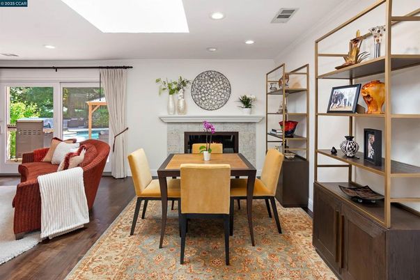 Dining room, Fireplace, Interior, Recessed Lighting, Wood Texture Flooring