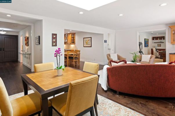 Dining room, Interior, Living room, Recessed Lighting, Wood Texture Flooring