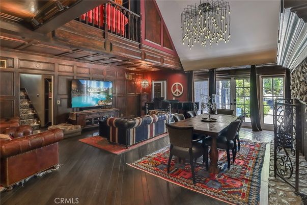 Dining room, Fireplace, Interior, Living room, Pendant Lights, Wooden Beams, Wood Texture Flooring, Wooden Walls
