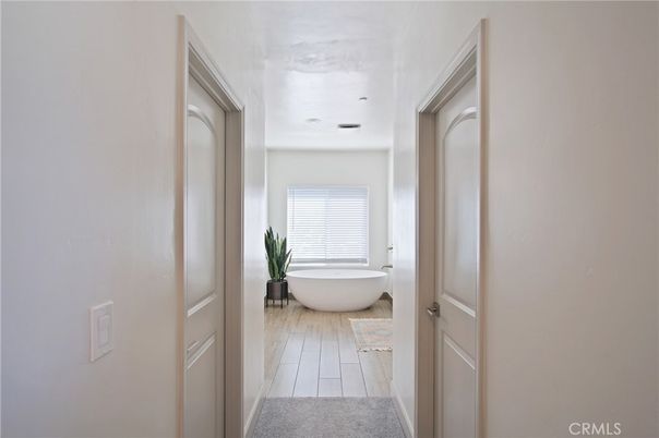 Bathroom, Free Standing Baths, Interior, Recessed Lighting, Wood Texture Flooring