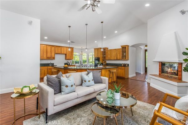 Fireplace, Interior, Kitchen, Living room, Pendant Lights, Recessed Lighting, Wood Texture Flooring