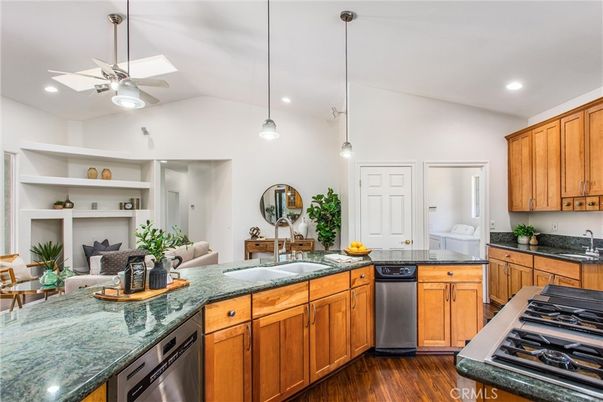 Interior, Kitchen, Pendant Lights, Recessed Lighting, Wood Texture Flooring