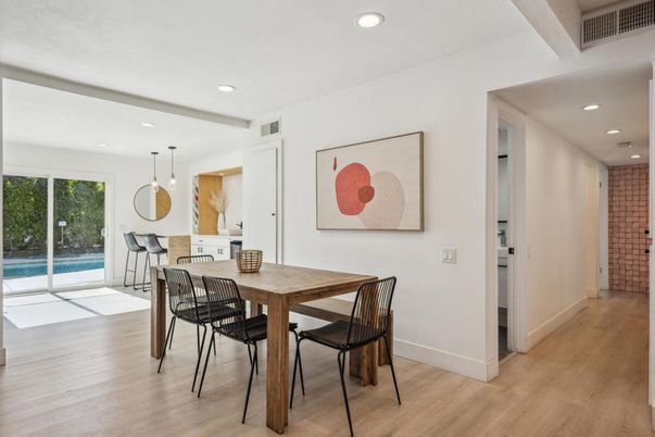 Dining room, Interior, Pendant Lights, Recessed Lighting, Wood Texture Flooring