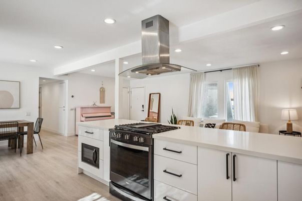 Dining room, Interior, Kitchen, Recessed Lighting, Stainless Steel Appliances, Wood Texture Flooring