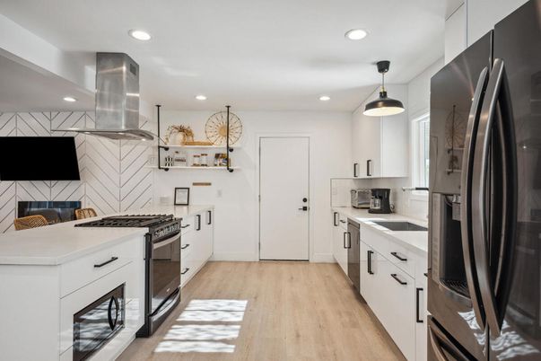 Interior, Kitchen, Pendant Lights, Recessed Lighting, Stainless Steel Appliances, Wood Texture Flooring