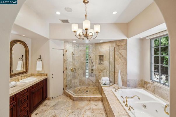 Bathroom, Chandelier, Dual Sink Vanities, Glass Shower, Interior, Recessed Lighting