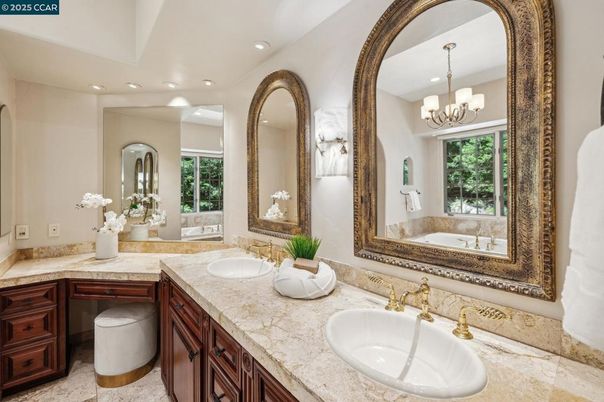 Bathroom, Chandelier, Dual Sink Vanities, Interior, Recessed Lighting
