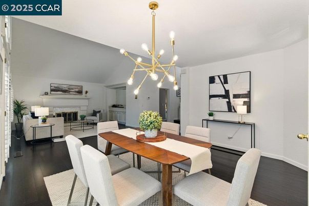 Dining room, Fireplace, Interior, Living room, Pendant Lights, Wood Texture Flooring